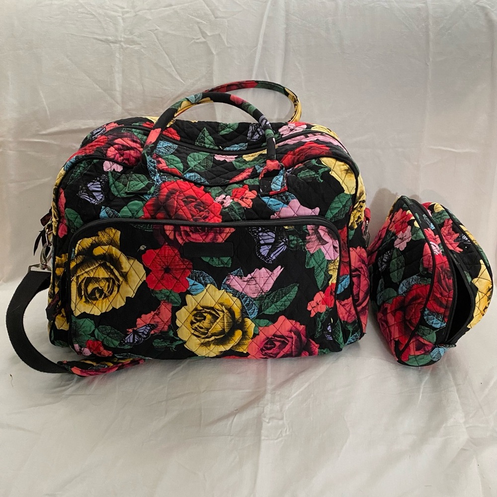 Vera Bradley Havana Rose weekender carry-on bag + toiletry make-up bag set.